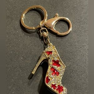 PURSE/BAG CHARM WITH KEY KEEPER STILETTO HEEL RED & CLEAR CRYSTALS-GOLD TONE